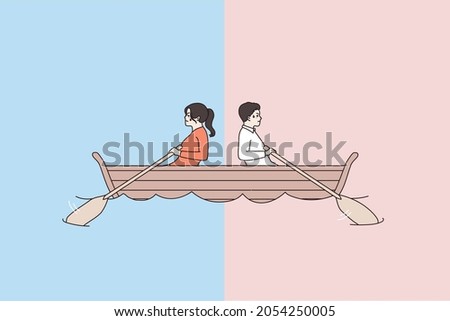 Man and woman in boat row in different direction, not reach goal. Stubborn couple in ship sail in opposite way. Getting nowhere concept. Conflict of interest, breakup, split. Flat vector illustration.
