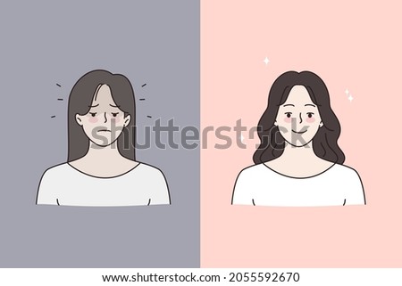 Woman sad before and happy after psychology session. Young female recovered after depression or nervous breakdown. Mental health concept. Makeup and beauty. Flat vector illustration.