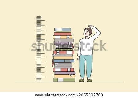 Boy stand near pile of books measuring growth by hand. Guy reading studying and learning with textbooks. Good education, knowledge and achievement concept. Flat vector illustration.