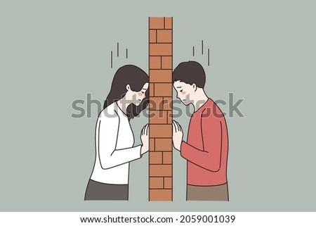 Unhappy young couple separated with brick wall. Upset man and woman lovers divided, have relationship problems. Breakup, divorce, separation. Misunderstanding in family. Vector illustration. 