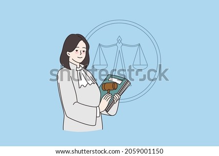Woman judge with gavel and constitution in court at session. Female lawyer or judicial worker making legal verdict. Law and justice concept. Jurisdiction. Flat vector illustration, cartoon character.  Foto d'archivio © 