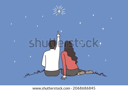 Back view of lover couple sit outdoor count stars on romantic evening together. Man and woman look in dark night sky, enjoy romance on date. Love and relationship concept. Vector illustration.  Foto stock © 