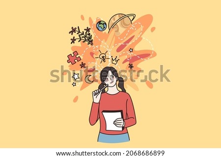 Young woman hold paper think or visualize ideas, brainstorm contemplating. Millennial girl student write in notebook, engaged in creative thinking. Inspiration, visualization. Vector illustration.  Сток-фото © 