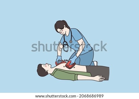 Female nurse use defibrillator for cardiac arrest of man patient suffer from heart attack. Woman doctor first aid resuscitation. Lifesaving, ambulance, emergency service. Flat vector illustration. 