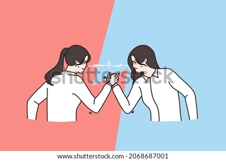 Aggressive mad women rivals have arm wrestling match. Furious decisive female opponents employees fight for leadership show power. Armwrestling, competition concept. Vector illustration.  Foto d'archivio © 