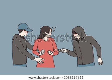 Couple male criminals attack threaten scared young woman in street. Men bandits or robbers pose threat on female encounter with knife. Harassment and violence. Robbery concept. Vector illustration. 
