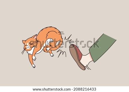 Person kick poor cat with leg, throw pet out of house. Cruel angry man beat kitty abuse domestic animal. Aggressive kitten owner show aggressive behavior. Cruelty concept. Flat vector illustration. 