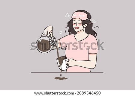 Sleepy tired young woman make coffee in morning feel fatigue after sleepless night. Drowsy girl exhausted need sleep relaxation. Early wakeup and exhaustion. Stress and burnout. Vector illustration. 