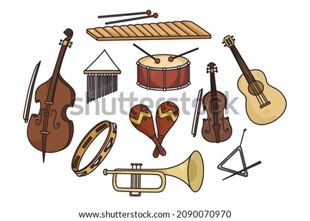 Set of various colorful musical instrument on white background. Collection of music tools used for orchestra or acoustic concert. Musician equipment. Hobby and entertainment. Vector illustration. 