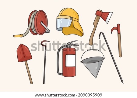 Colorful set of firefighter tools and equipment. Collection of fireman kit, mask, hydrant and fire extinguisher. Firefighting uniform and garment. Emergency situation. Flat vector illustration. 