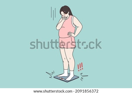 Unhappy obese woman stand on scales shocked by weight gain. Upset stressed fat girl frustrated by number on weigh. Overweight, obesity concept. Diet and healthy lifestyle. Vector illustration.  Сток-фото © 