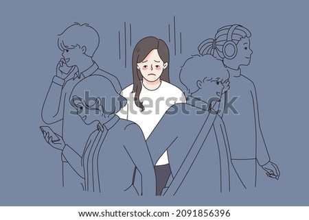 Unhappy young woman in crowd feel lonely abandoned in society. Upset sad girl suffer from loneliness and solitude. Depression and apathy concept. Emotional burnout. Flat vector illustration.  Foto stock © 