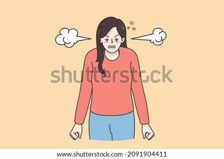 Furious young woman with steam blow from ears feel angry mad having life problems. Unhappy girl distressed and enraged. Emotion and anger control. Flat vector illustration. 