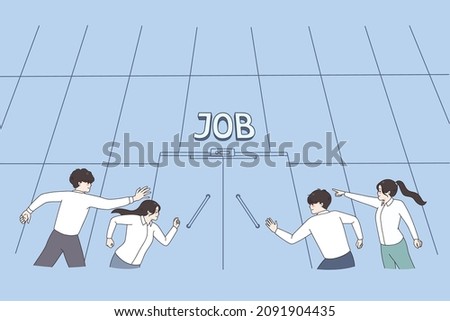 Diverse businesspeople run to office building compete for job opening or position in company. Motivated applicants or candidates competition for interview. Employment concept. Vector illustration.  Foto d'archivio © 