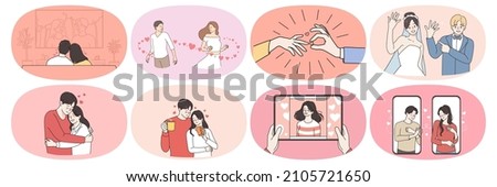 Set of happy man and woman communicate meet online on internet. Smiling couple fall in love, get engaged and marry. Relationship goal concept. Love and affection. Flat vector illustration.  Stock foto © 