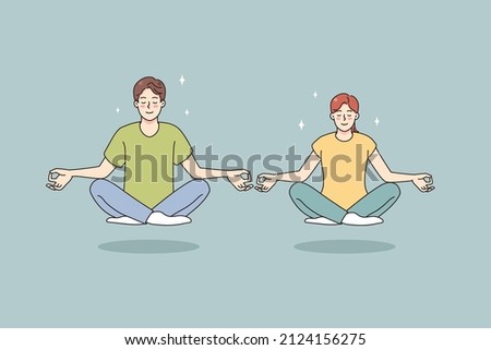 Calm man and woman with mudra hands meditate in lotus position clear thoughts. Happy couple practice yoga with eyes closed relieve negative emotions breathe fresh air. Vector illustration.  商業照片 © 