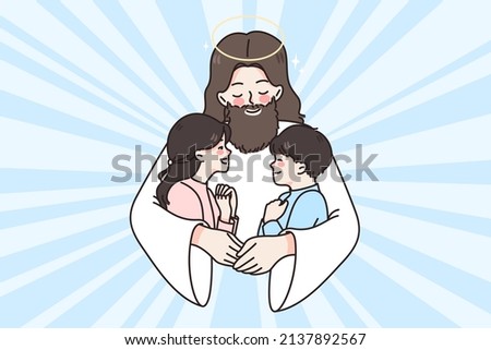 Jesus Christ hug cuddle small kids give love and care. Attentive father lord embrace little children share good emotions and help. Faith and religion concept. Flat vector illustration. 