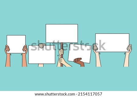 Hand of people holding banners on protest or demonstration. Activists with signs fight for equality and freedom. Mockup empty copy space. Protesters on streets. Vector illustration. ストックフォト © 