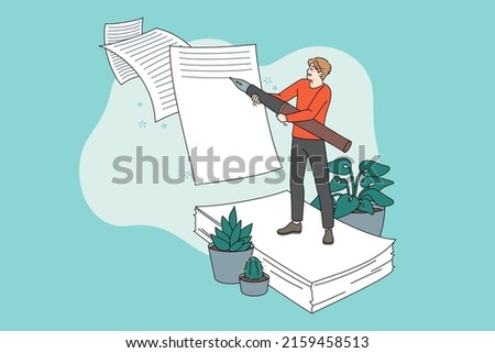 Male writer with huge pen writing on paper finishing fiction book. Man author creating novel, note handwrite on paperwork. Concept of literature creation. Vector illustration. 