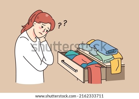 Confused girl look at open drawer with clothes have nothing to wear. Unhappy young woman looking at apparel, have clothing problem. Shopaholic and garment issues. Vector illustration. 