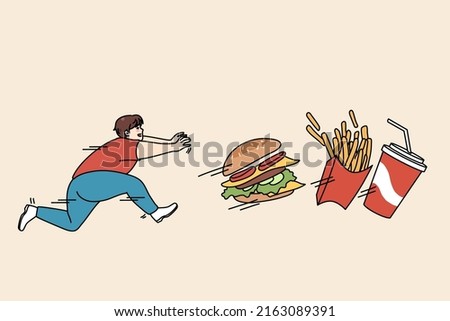 Fat guy running after fast food suffer from obesity and bad habits. Hungry overweight man pursue fries and hamburger, enjoy eating junk food. Diet and healthy lifestyle. Vector illustration. 