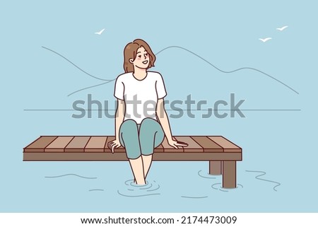 Happy woman sitting on pier near water enjoy summer vacation. Smiling girl relaxing on bridge on river enjoying holidays. Vector illustration. . Vector illustration Foto d'archivio © 