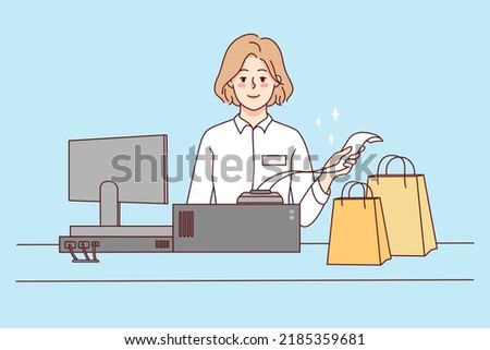 Smiling female cashier with bags at shop register. Woman selling products giving bill to client in store. Good service and consumerism. Vector illustration. 