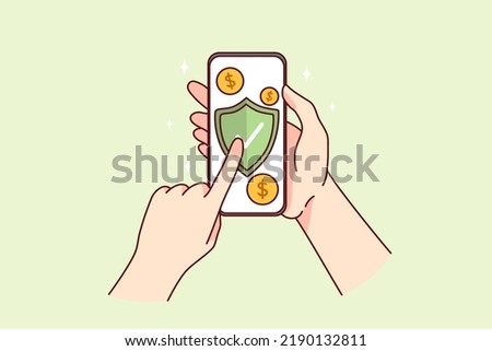 Hands holding cellphone buy online phone protection. Person with smartphone protect gadget from viruses. Technology safety. Vector illustration. 