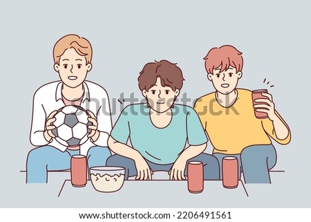 Happy guys watch football at home together . Vector Happy guys have fun sit at home watching football together. Smiling friends enjoy weekend indoors with sport match. Vector illustration. 