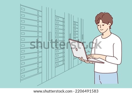 Male engineer with laptop standing near server room with computers. Man IT specialist working in data center near server racks. Vector illustration. 