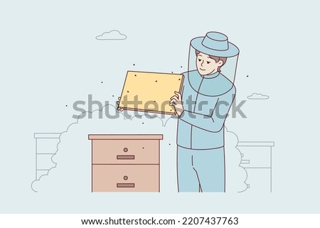Beekeeper in costume work with bee combs in garden. Man apiarist at bee farm outdoors. Occupation concept. Vector illustration. 