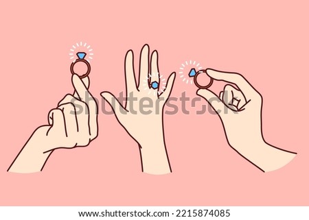 Set of woman hands with engagement ring on finger. Collection of girl palm with wedding jewelry. Marriage and proposal. Vector illustration. 