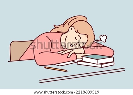 Tired young female student fall asleep on desk distressed with studying. Exhausted girl sleep on table suffer from exhaustion and fatigue learning. Vector illustration. 