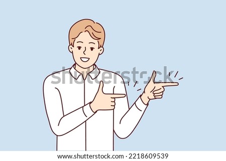 Smiling man point at good sale deal or offer. Happy guy recommend discount or promotion. Recommendation and client feedback. Vector illustration. 