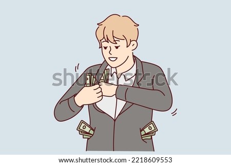 Wealthy businessman with dollars in all pockets get revenue or income. Smiling rich man with money win lottery or get investment rate. Vector illustration. 