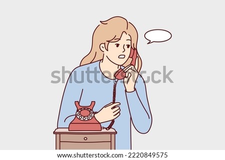 Young woman speak on old corded phone at home. Female have conversation on landline telephone. Communication and call. Vector illustration. 