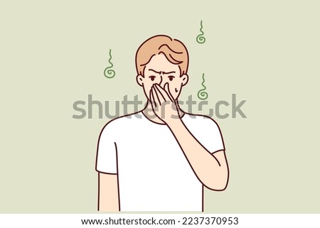 Dissatisfied man pinching nose with hand while suffering from unpleasant smell sweat. Guy is experiencing discomfort due to non-compliance with hygiene standards or health problems. Flat vector image