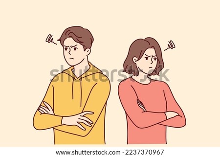 Man and woman stand in offended pose after quarrel or disagreement not wanting to communicate. Young family of guy and girl look in different directions with displeasure. Flat vector design 