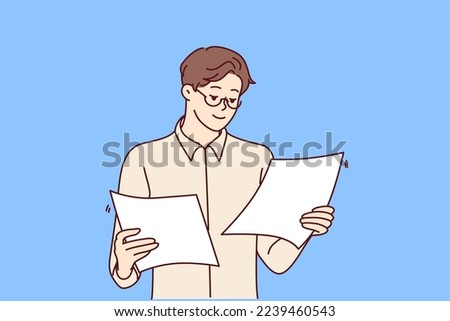 Concentrated man holding two sheets of paper in hands reading report for company management. Successful guy office worker in white shirt is standing studying documentation. Flat vector design 