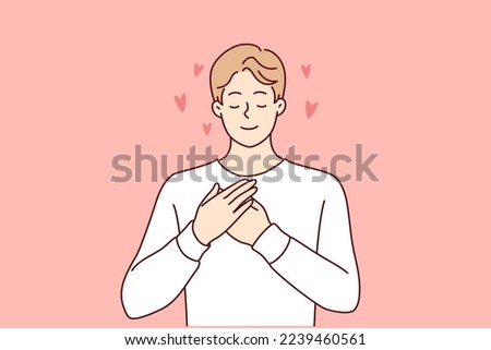 Enamored man puts hands on chest demonstrating romantic mood and closes eyes remembering girlfriend. Good-natured guy makes gesture of mercy calling to be volunteer. Flat vector illustration 