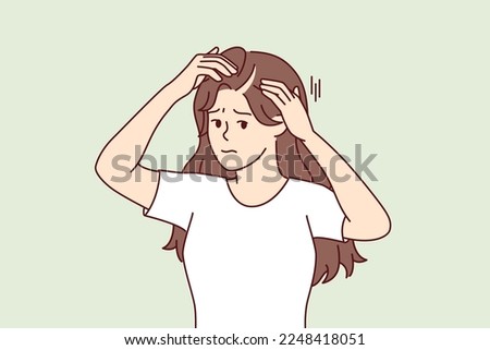 Woman suffering from hair loss touching head looking at scar through mirror. Girl with sad face looks at camera demonstrating problem area in hair needs help of beautician. Flat vector image