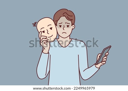 Unhappy man uses mask to pretend to be positive kind human during online dating and social media chat. Guy with phone remove face with smile after impersonating successful person. Flat vector design 