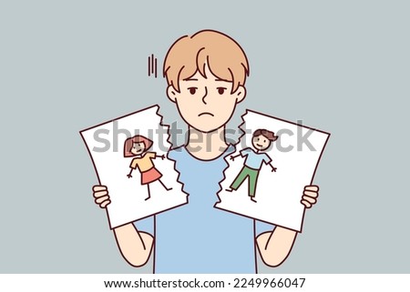 Sad boy with blond hair holds in hands torn pictured with painted kids. Cheerless child of pree teen age after school quarrel or conflict tears up self-drawn portrait. Flat vector design 