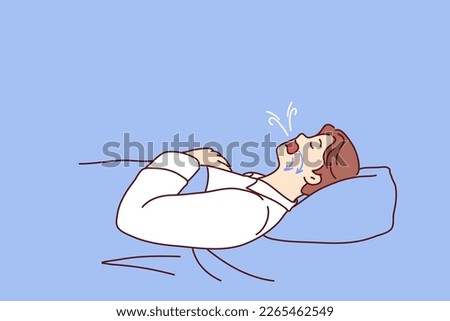 Man dozing on back in bed snores and has problems during obstructive sleep apnea. Guy suffering from obstructive sleep apnea with arrows on face pointing to airways that promote snoring