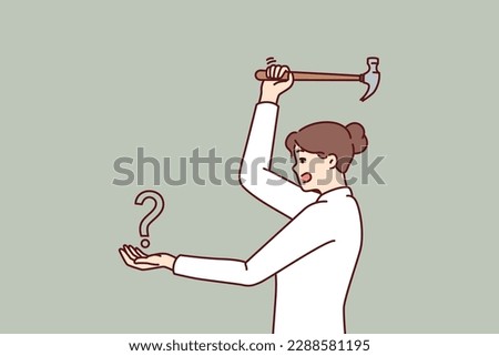 Woman swinging hammer at question mark showing courage in solving problems and fighting ignorance. Challenge for businesswoman in resolving issue requiring leadership qualities and determination