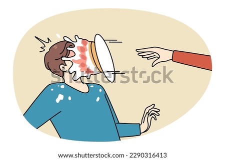 Person throw pie in man face make fun of friend or colleague. Greeting or congratulation with happy birthday prank or joke. Laughter and smile concept. Flat vector illustration.