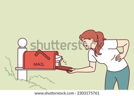 Woman checks street mailbox filled with envelopes and parcels, hoping to receive long-awaited letter. Girl looks into mailbox with smile and rejoices at abundance of letters from friends