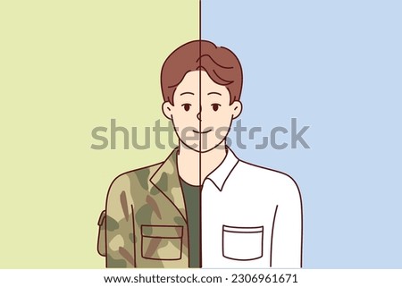 Man in military and office clothes simultaneously symbolizes dismissal from army and beginning of civilian career. Guy is former military man who became manager or opened own business