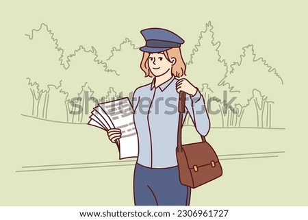 Woman postman delivers newspapers and fresh press with news or letters for residents of city. Young girl in postman cap holds bag for letters or parcels and works in postal service.