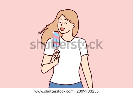 Woman eats ice cream to cool off in hot summer weather and enjoy cold sweet dessert. Young girl in casual clothes holds ice cream and smiles enjoying treat that relieves thirst and hunger.